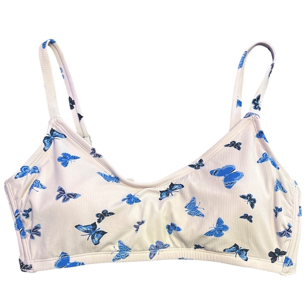 Xhilaration Women's White Blue Butterfly Ribbed Lace-Up Bikini Top Size D/DD